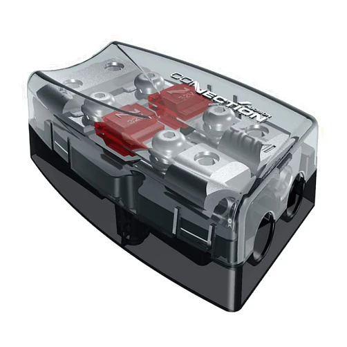 Connection Audison Connection BFD-211 Fuse Distribution Two Way 4 AWG to 1/0 AWG, Polycarbonate Casing, Platinum Satin Finish, Up to 300 Amps