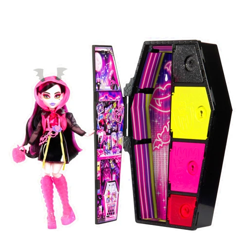Monster High Skulltimate Secrets Neon Frights Doll & Accessories, Draculaura with Dress-Up Locker & 19+ Surprises