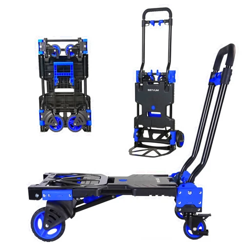 SEYVUM Folding Hand Truck with Brakes, 2 in 1 Dolly Cart with 4 Wheels, Retractable Handle Shopping Cart, Max Capacity 330 lbs, for Moving, Luggage, Shopping, Office