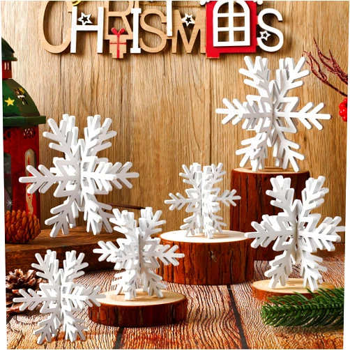 Bucherry 12 Pcs Wooden Snowflake Table Decor 3D Snowflake Tabletop Signs and Centerpiece for Christmas Xmas Winter Wonderland Decorations Home Party(White)