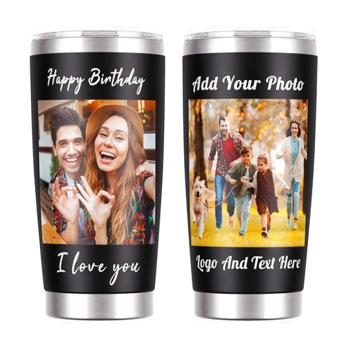 DIYKST Custom Photo Cups Personalized Picture Coffee Tumbler with Text 20oz Stainless Steel Custom Tumbler Coffee Cup Customized Double Wall Insulated Travel Mug Christmas Birthday Gifts for Women Men