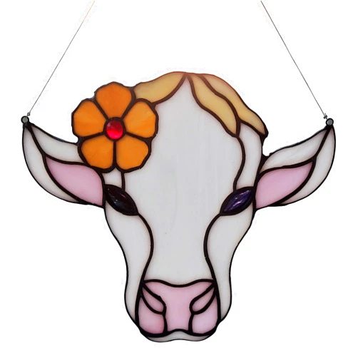 QIZFEV Stained Glass Cow Sun Catcher Tiffany Style Decorative Ornaments for Windows Handmade Gift Idea