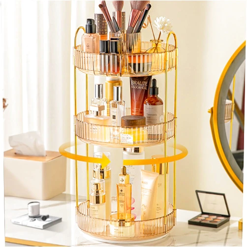 GHWMYD 360 Rotating Makeup Organizer for Vanity 3 Tier Spinning Bathroom Organizer Countertop Large Storage Cosmetic Display Tray Skincare Organizers for Dresser Perfumes Skincare Lotions Lipsticks