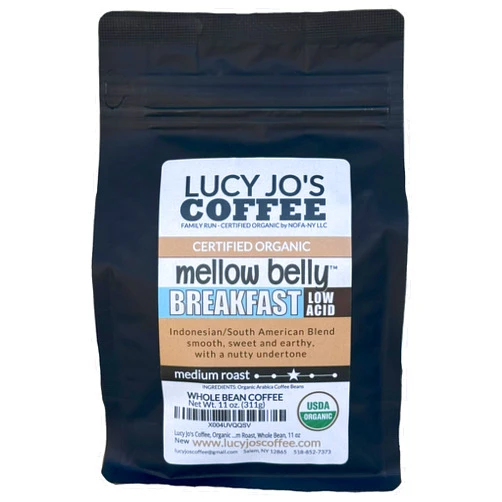 Lucy Jo's Coffee, Organic Mellow Belly Breakfast Low Acid Blend, Medium Roast, Whole Bean, 11 oz