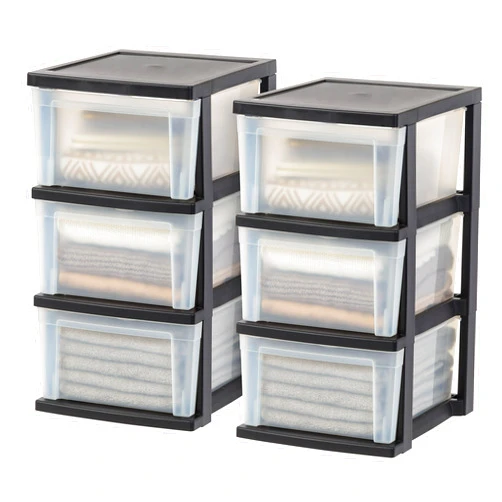 IRIS USA Plastic Drawer Storage Organizer, 3-Drawers, 2-Pack, for Classroom Art Craft Supplies, Dresser Closet, Bathroom Bedroom, Laundry Room, Black/Clear