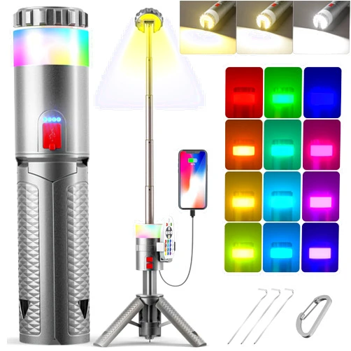 Molrebe Telescopic Camping Light, 2000LM 10000mAh Rechargeable Camping Lantern with 15 Colors, Remote, IPX4 Waterproof, 180°Rotatable Portable Outdoor Tent Light for Power Outages, Working and Hiking