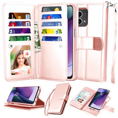 Njjex Wallet Case for Motorola Moto G Power 5G 2024, for Moto G Power 5G 2024 Case, [9 Card Slots] PU Leather Credit Holder Folio Flip [Detachable] Kickstand Magnetic Phone Cover & Lanyard -Rose Gold