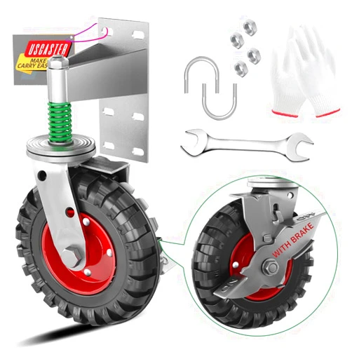 Uscaster Gate Wheel 6inch Fence Gate Wheels with Brake for Metal Tube Gate 500lb Capacity 360 Degree Rotation Spring-Loaded Heavy Duty Gate Caster with Screws & Spanner