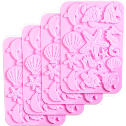 Newk Marine Themed Silicone Mold, Pack of 4, Seasell, Conch, Seahorse, Starfish, Tortoise Silicone Mold for Fondant, Hard Candy, Cake Decoration, Resin, Pendants
