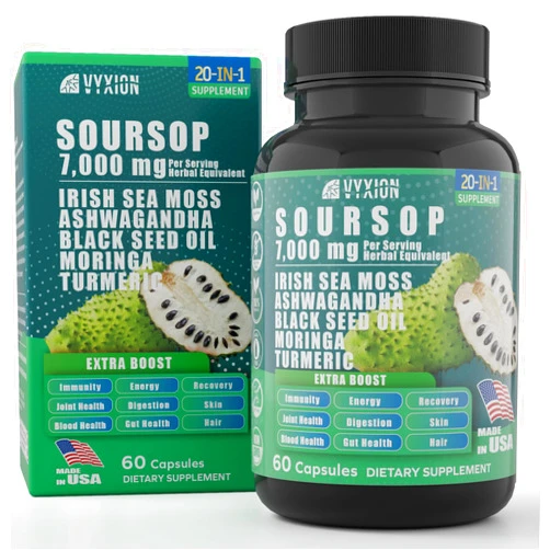Vyxion Soursop Graviola Supplement with Sea Moss, Moringa, Turmeric, Black Seed Oil, Oregano, Ashwagandha | 20-in-One Herbal extracts for Overall Health-Enhancing | Vegan, Non-GMO | 60 Capsules