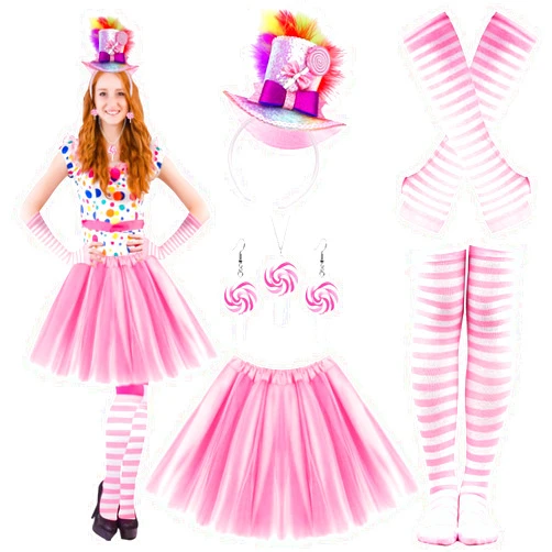 NinkyNonk 9 Pcs Candyland Costume Accessories Mini Top Hat Feathers Headband Sweet Rainbow Necklace Lollipop Earrings Pink Tutu for Women Christmas Photo Props Candy Theme Cosplay Accessories
