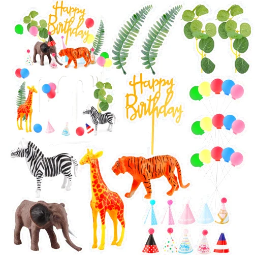 Hooqict 34 Pcs Safari Animal Cake Toppers with Mini Birthday Party Hats Party Animal Birthday Decorations Jungle Cake Decorations for Kids Wild Zoo Theme Party Decorations