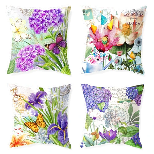 LuckyCow Purple Blue Flowers Butterfly & Dragonfiy Green Leaves Jungle Throw Pillow Farmhouse Outdoor Throw Pillow Cover Happy Summer Time Cotton Linen Pillow Case Home Cover for Sofa 18 x 18 Set of 4