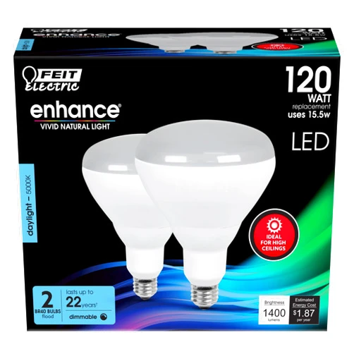 Feit Electric BR40 LED Light Bulbs, 120W Equivalent, Dimmable, E26 Medium Base, 1400 Lumens, 5000K Daylight, 90 CRI, 15.5-Watt Home Recessed Can Light Bulb, 22-Year Lifetime, BR40DMHO/950CA/2, 2 Pack