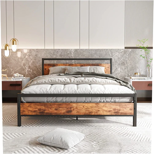 HOJINLINERO Queen Bed Frame with Headboard,Metal Platform Bed Frame Queen Size with Storage No Box Spring Needed,Heavy Duty Steel Slats,Bedframe Mattress Foundation,Black & Rustic Brown