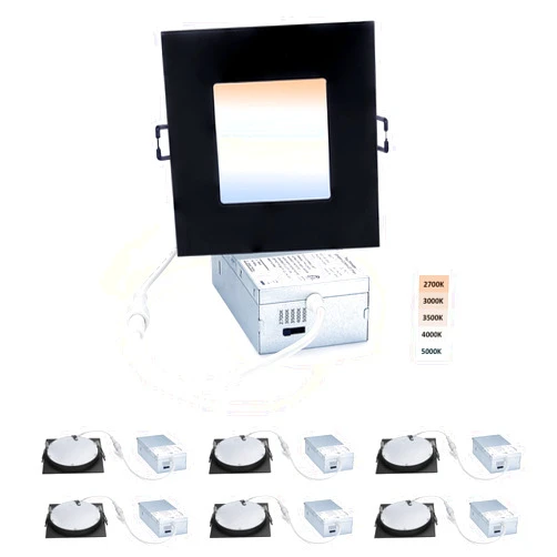 POPANU 4-inch LED Canless Recessed Slim-Downlight 5 CCT Adjustable Dimmable Recessed Lights Fixture with Junction Box, Ceilling Light with Junction Box, 2700-5000K, 9W, Black Square Finish, 6 Pack