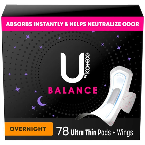 U by Kotex Balance Ultra Thin Overnight Pads with Wings, 78 Count (6 Packs of 13) (Packaging May Vary)
