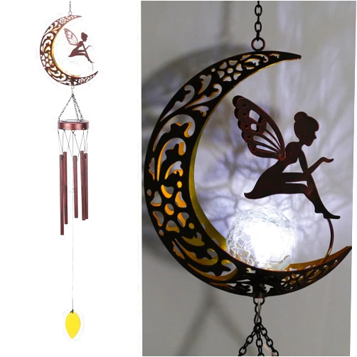 Taman Wind Chime - Fairy Wind Chimes for Outside Moon Solar Lights Indoor Crackle Glass Ball LED Decorative Mobile Memorial Gift, Aluminum Tubes for Home, Outdoor, Yard, Patio,Garden Decor, 43.5