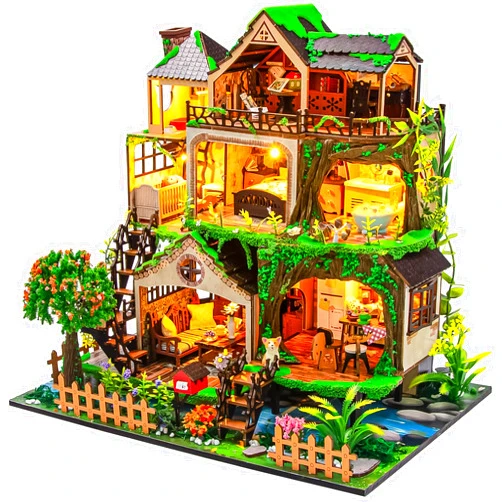 Spilay Miniature Dollhouse Miniature House Kit,DIY Kit Mini Modern Villa Model with Music Box ，Best Christmas Birthday Gift.(Fairy Tale Forest)