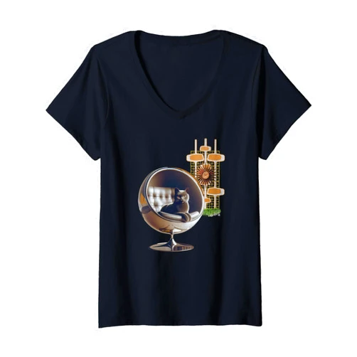 BizzyflyUSA Womens Retro Mid Century Modern MCM Eames Cat Lover Palm Springs V-Neck T-Shirt