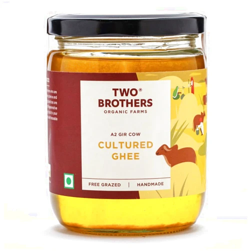 Two Brothers Organic Farms - Grass Fed A2 Ghee 16 Fl Oz (500ml) | Clarified Butter | Cultured, Desi Gir Cow Ghee | Pasture Raised on Certified Organic Farm | Non-GMO, Lactose-Free, Keto Friendly | Made from Whole Curds in Small Batches | Glass Jar