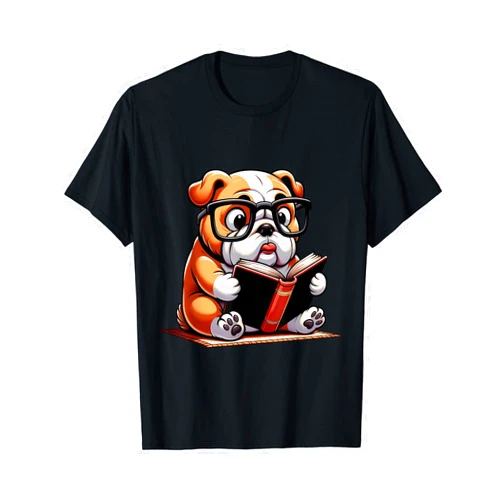 Cute Book Loving English Bulldog Gifts and Apparel English Bulldog Reading a Book Dog T-Shirt