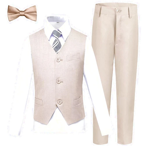 TAMIFLY Boy 5-Piece Formal Suit Set Slim Fit Vest Pants Collared Dress Shirt Tie Kids Baby Boy Teen Ring Bearer Gentleman Outfits