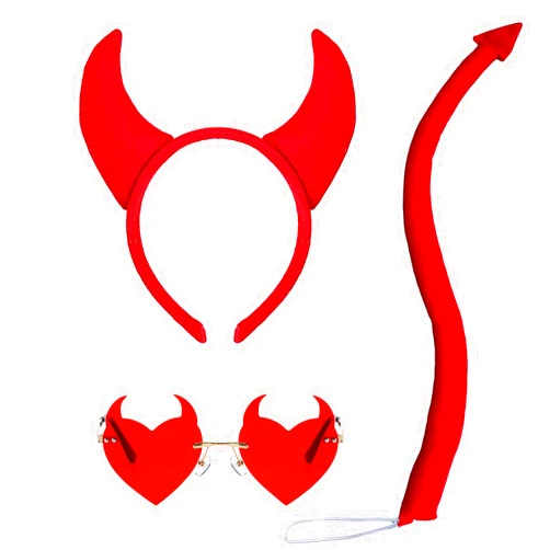 Ausejopeac Demon halloween Devil Costume Set, Devil Horns Headband and Devil Tail and Devil Horns Heart Sunglasses Halloween Devil Demon Cosplay Costume Party