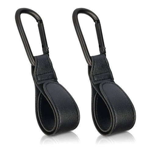 Esteopt Pram Hook Clips,2 pcs Buggy Clips Carrier Pram Hooks,Pram Bag Holder Made of Leather,Bag Hooks for Stroller,Pram Clips,Pram Hooks for Bags,Back Pack (Black)