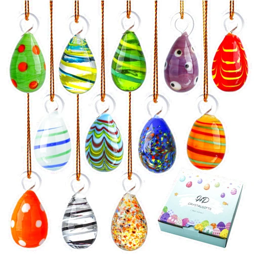 HDCRYSTALGIFTS 12PCS Blown Glass Easter Eggs Hanging Ornaments for Easter Tree Decorations Home Party DIY Crafts