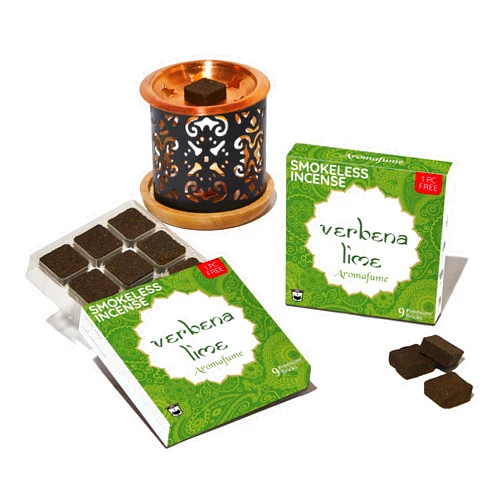 Aromafume Verbena Lime Incense Bricks (2 x 9 Bricks) & Taj Exotic Burner by Aromafume | Ideal for Mood upliftment & Positivity | Natural, Low Smoke, Non-Toxic Incense Bricks
