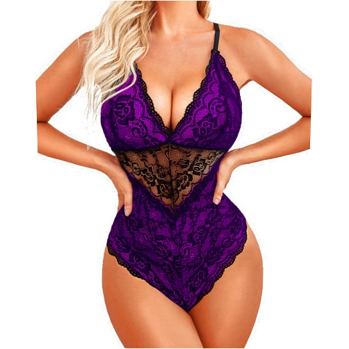 Avidlove Lingerie for Women One Piece Snap Crotch Teddy Bodysuit Contrast Lace Mini Babydoll