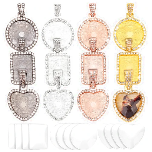 PH PandaHall 24pcs Rhinestone Bezel Pendant Tray 4 Colors Necklace Pendant Trays, Include 12pcs Round Rectangle Heart Pendant Trays and 12pcs Glass Cabochons for Photo Jewelry Making