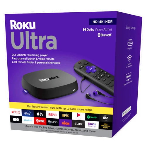Roku Newest Roku Ultra 4K/Dolby Vision Streaming Media Player with Voice Remote, TV Controls, and Premium HDMI Cable - USB 3.0, Bluetooth, 802.11ac dual-band, MIMO wireless - Black - iPuzzle 4ft HDMI Cable