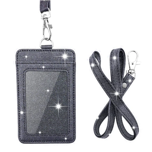 Life-Mate PU Leather ID Badge Holder, Life-Mate ID Badge Holder with 1 Clear ID Window 1 Credit Card Slot and PU Leather Lanyard for Badge Credit Cards College ID Cards in Glitter Black