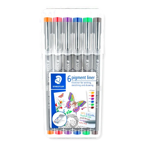 STAEDTLER 30803-SSB6 Pigment Liner Pens - Assorted Colours, 0.3 mm (Set of 6)