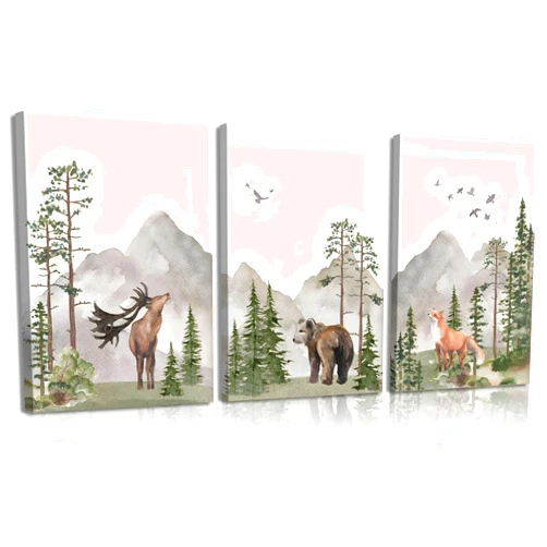 YBARTZQ Woodland Nursery Wall Art Wild Animals Forest Wall Decor Prints Adventure Theme Canvas Posters Deer Bear Fox Watercolor Pictures Paintings for Boys Room Girls Room 3Pcs 12x16in Framed