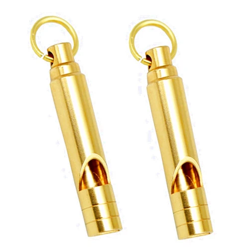 Shikuer Brass Metal Emergency Whistles - 2 pcs Adults/Kids Outdoor Loud Sound SOS Survival Kit Lifeguard Safety Whistle Keychain with Keyring for Camping Hiking Dog Train Couching Boating Hunting