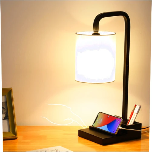 Iporovon 3-Way Dimmable Touch Control Lamps for Nightstand, Bedside Lamp with USB Ports & Outlet, Linen Shade, 2 Phone Stand & Pen Holder, Modern Desk Side Table Lamp for Bedroom Living Room Reading
