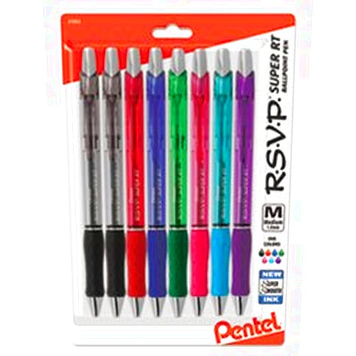 Bskeye R.S.V.P. Super RT Retractable Ballpoint Pen, 1 mm, Assorted Barrel/Ink, 8 PackF