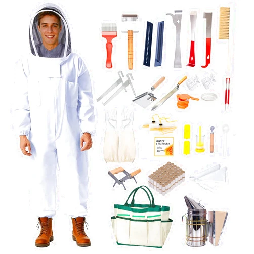 POLLIBEE 35Pcs Beekeeping Supplies Starter Kit with Bee Suit,Smoker & Frame Holder, Complete Bee Hive Tools Set with Oxford Bag for Beginner Beekeepers Men Women (XL)