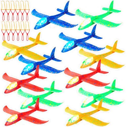 Lewtemi 12 Pcs LED Light Airplane, 14.6 Inch Large Throwing Foam Plane, 2 Flight Modes Glider Plane, Flying Toy Plane Foam Airplane Outdoor for Boys and Girls Birthday Party Favors