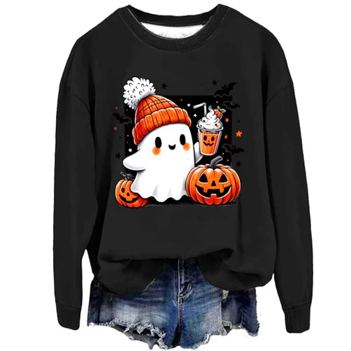 JPLZi Halloween Pumpkin Sweatshirts Women Funny Ghost Graphic Sweatshirt Spooky Season Party Sweater Fall Pullover Top