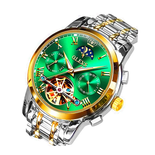 OLEVS Men Watch Automatic Mechanical Skeleton Moon Phase Dress Business Stainless Steel 3AT Waterproof Luminous Men Wrist Watch