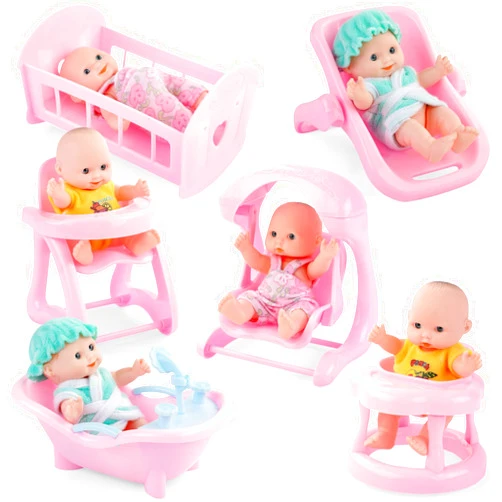 Liberty Imports 6 PCS Mini Baby Newborn Dolls Collection - Includes Cradle, High Chair, Walker, Swing, Bathtub and Infant Seat, Pretend Toys Playset for Kids