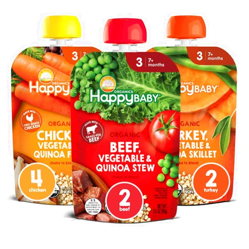 Happy Baby Organics Savory Blends Stage 3 Baby Food Puree, Meats & Veggies 3 Flavor Variety Pack (Pack of 8)
