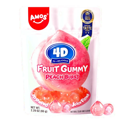 Amos 4D Fruit Gummy Peach Burst, Fruit Snacks Gluten Free, Mothers Day Candy Gifts, Resealable 2.29oz Bag（Pack of 6）