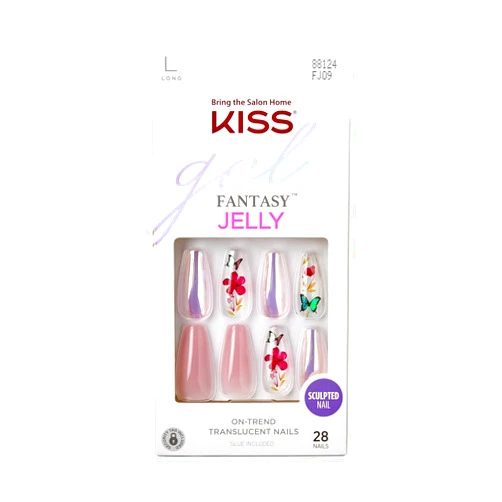 KISS Gel Fantasy Press On Nails, Nail glue included, Jelly Cookie', Pink, Long Size, Coffin Shape, Includes 28 Nails, 2g glue, 1 Manicure Stick, 1 Mini File