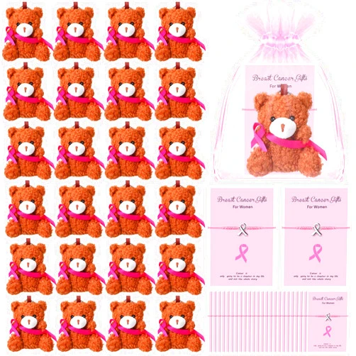 Landical 24 Sets Breast Cancer Awareness Accessories Set Breast Cancer Stuffed Bears with Pink Ribbon, Adjustable Bracelets with Organza Bags, Cancer Gifts for Charity Party Favors