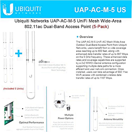 Ubiquiti Networks UAP-AC-M-5 UniFi Mesh Wide-Area 802.11ac Dual-Band Access Point (5-Pack).